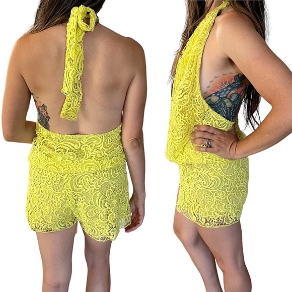 ALEXIS Neon Crochet Lace Halter Backless Romper - Picture 2 of 9